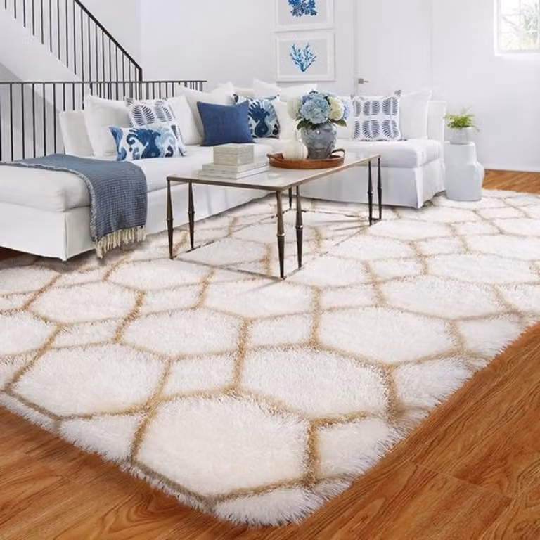 Modern Geometrisch Hoogpolig Vloerkleed van Polyester in Wit Beige - 90 x 150 cm