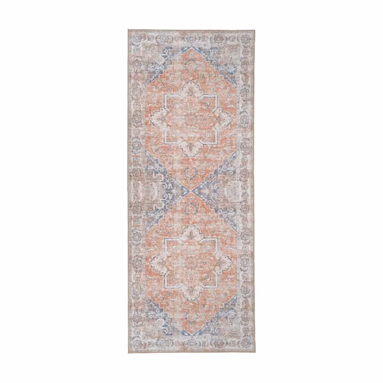 QUVIO Halvloerkleed Oranje/Blauw - Rechthoekig - Polyester en Chenille - 80 x 200 cm