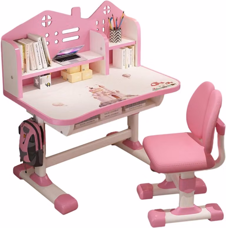 In hoogte verstelbare kindertafel met stoel en studeerset in het roze, B/D/H: 105 x 72.5 cm