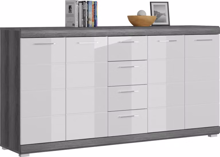 GuenstigEinrichten Moderne Kledingkast met 4 Deuren en 4 Lades, Grijs en Wit, Hoogte: 185 cm, Breedte: 85 cm, Diepte: 85 cm