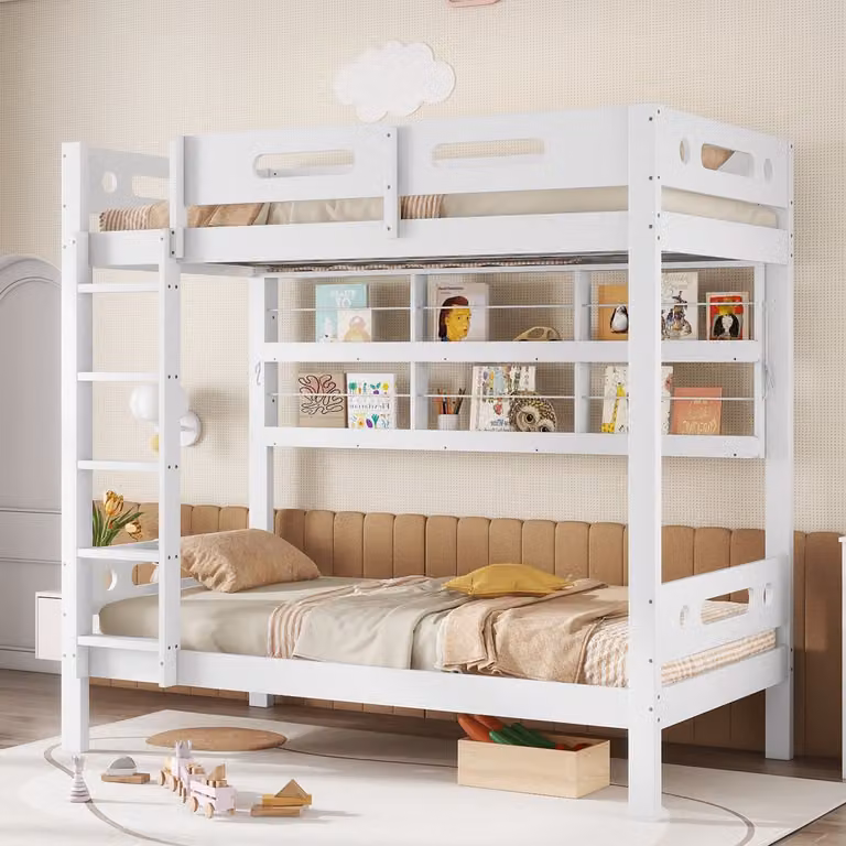 Gutent Stapelbed voor kinderen met relingen, open schappen en 5-traps ladder, Wit, B/D/H: 90 x 200 cm