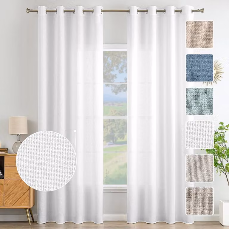 Set van 2 witte linnen gordijnen met oogjes voor de woonkamer, lichtdoorlatend, 260 x 140 cm
