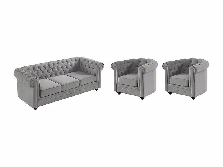 Chesterfield set bestaande uit een driezitsbank en twee fauteuils in lichtgrijs velours