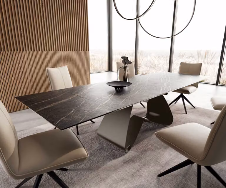 DELIFE Eettafel Edge Uitbreidbaar Keramiek Laminam Noir Desir Bruin met W-frame en Titanium afwerking B/D/H: 200-300 x 100 cm