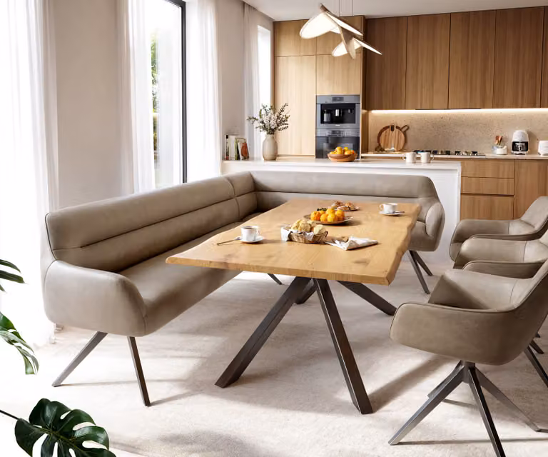 DELIFE Taya-Flex Eetkamerbank in beige en grijs, moderne L-vormige hoekbank met metalen frame, B: 282 cm, D: 190 cm, H: 106,5 cm