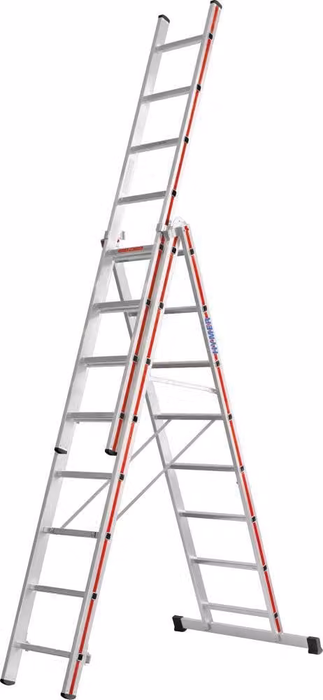 Hymer universele drieledige ladder met 3 secties en 12 treden per sectie, maximale werkhoogte 9,27 m