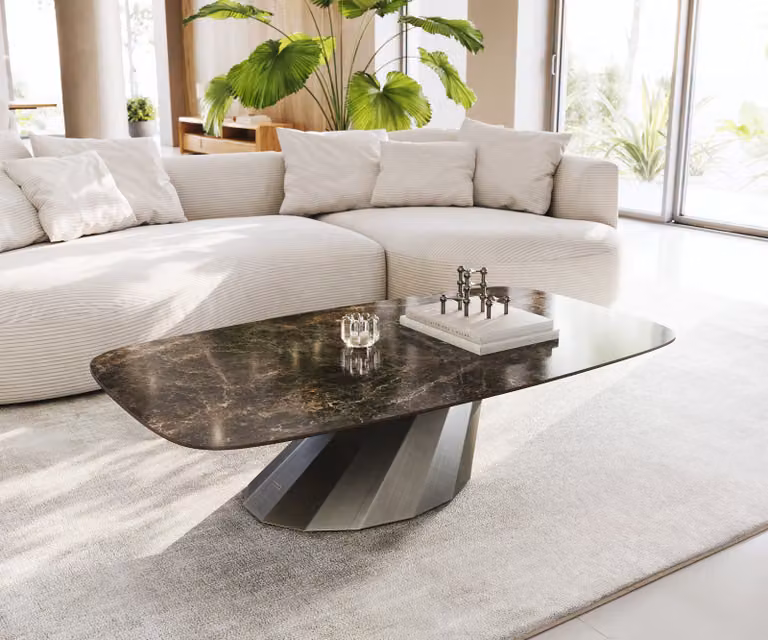 DELIFE Salontafel Edge bootvorm Emperador Extra Lucidato donkerbruin keramiek met metallic zilveren onderstel B: 140 cm, D: 80 cm, H: 33 cm