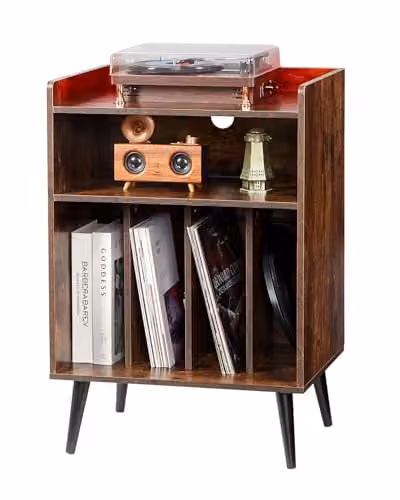 VEVOR Platenspelerstandaard met 3 niveaus en geïntegreerde verlichting, houten vinylplatenkast in vintage bruin voor slaapkamer of woonkamer