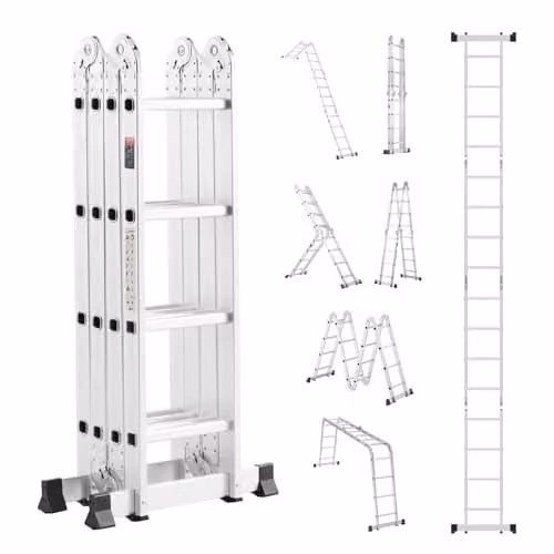 VEVOR Multifunctionele 7-in-1 Telescopische Ladder, Aluminium, Zilver/Wit, Bereikhoogte 460 cm, Draagvermogen 156 kg
