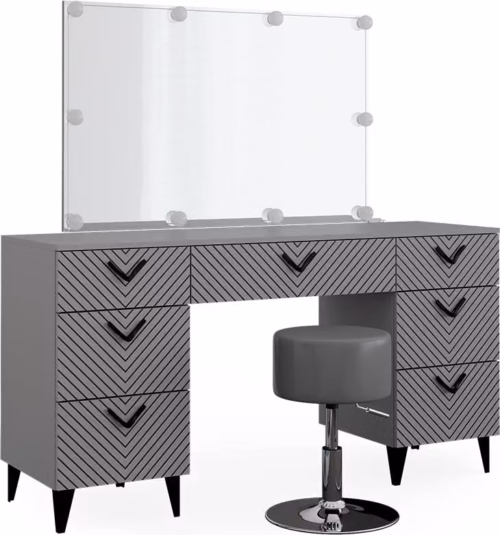 Vicco Anett Kaptafel set met kruk en spiegel met LED-lichtslinger, Grijs, Breedte: 150 cm