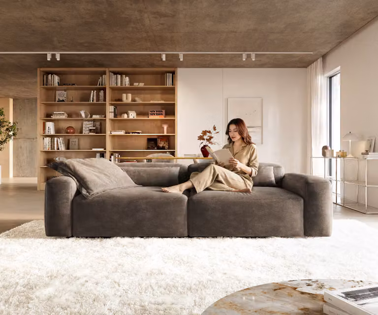 DELIFE Freestyle Grote bank met microvezel en houten frame, Beige, B: 280 cm, D: 110 cm