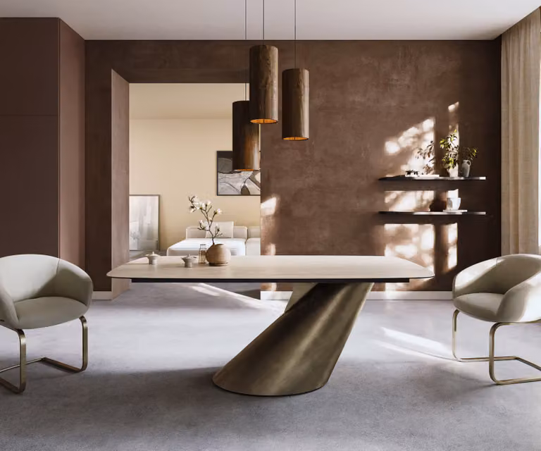 DELIFE Eettafel Edge Boot met keramisch blad en goudkleurig metalen onderstel, Travertino Bianco Creme-wit, B/D/H: 200 x 100 x 76 cm