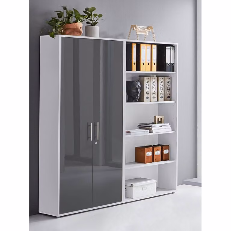 home24 Dossierkast II met deuren en open schappen, wit en hoogglans antraciet, B: 169 cm, H: 186 cm, D: 33 cm