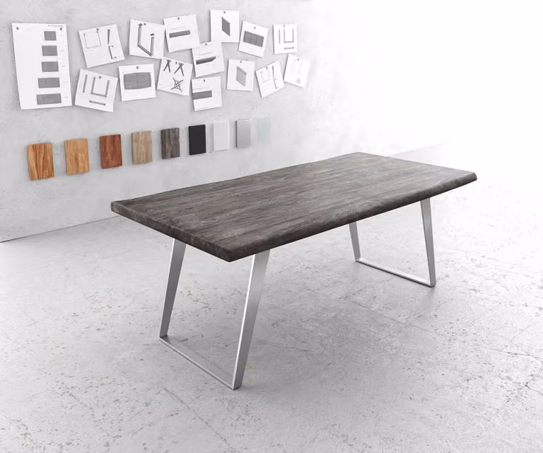 DELIFE Eettafel Edge Live-Edge Acacia en Metaal Zilver B: 100 cm, D: 200 cm, H: 76,5 cm