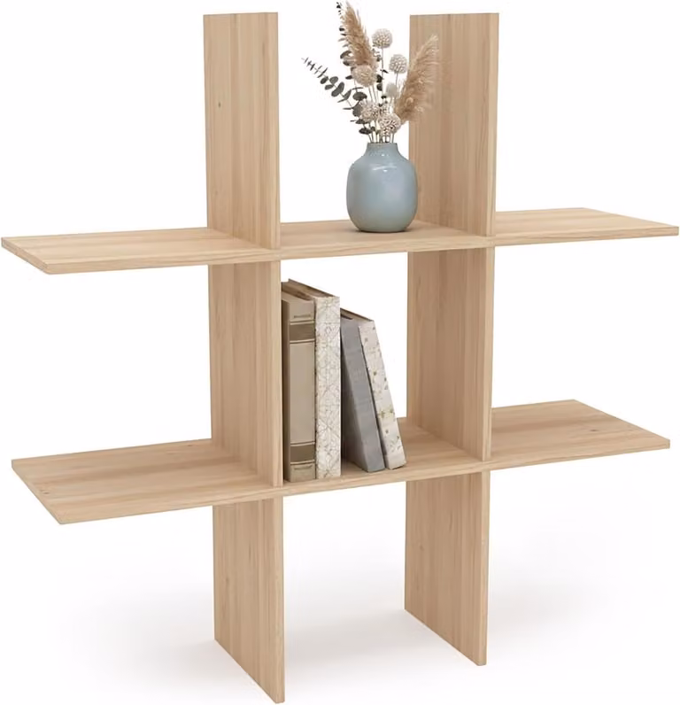 Houten wandrek Cube met 6 vakken - Zwevend decoratief opbergrek - Naturel - 55 x 55 cm