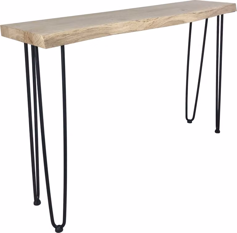 Sidetable boomstam van massief eiken met zwarte duo hairpin poten, B/D/H: 80 x 30 x 75 cm