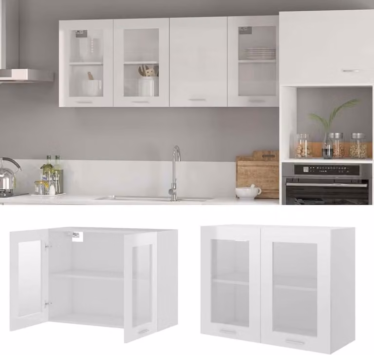 Witte keukenkast met glazen deuren voor aan de muur, B/D/H: 80 x 31 x 60 cm
