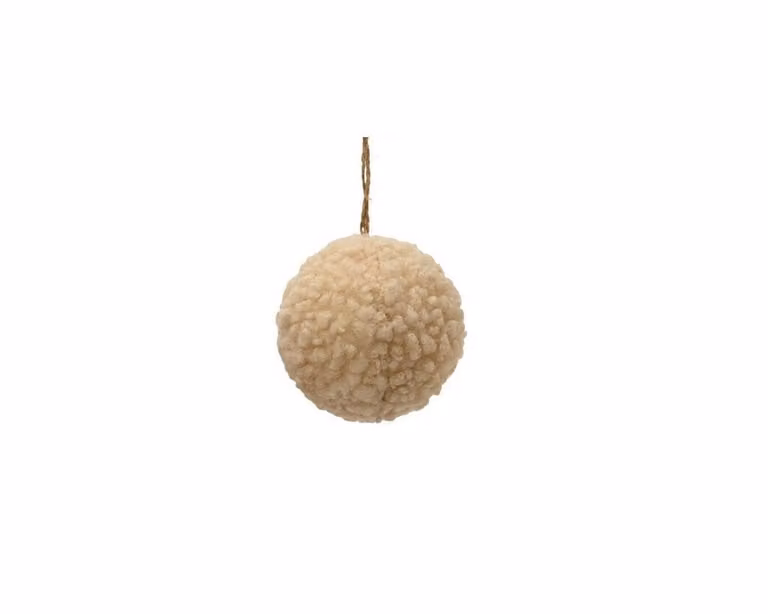 Witte ronde kerstbal van textiel met een diameter van 8 cm