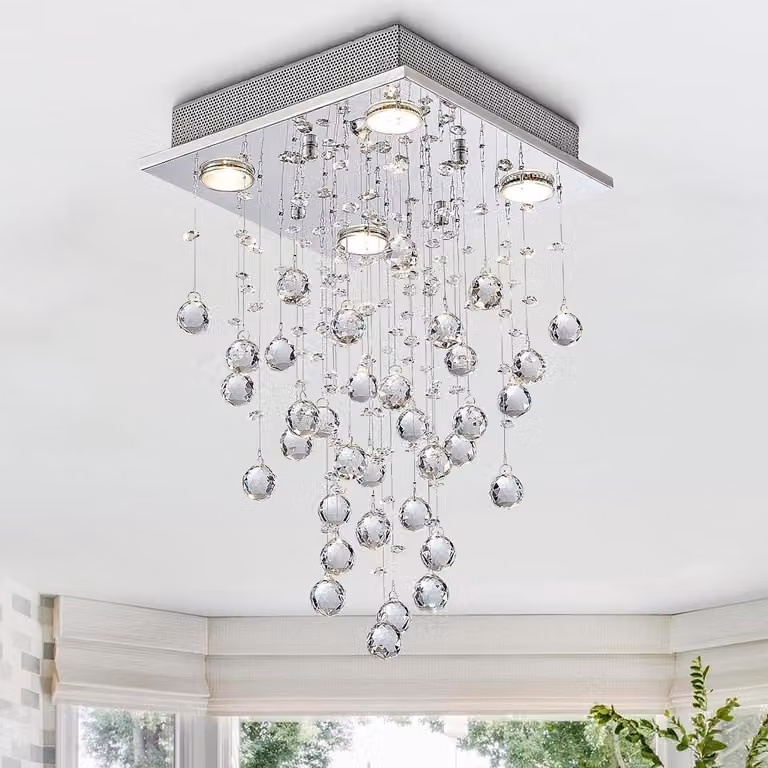 Chandelier plafondlamp voor woonkamer, slaapkamer of badkamer met 4 GU10 LED-lampen, kristal en metaal, Hoogte: 50 cm, Breedte: 35 cm