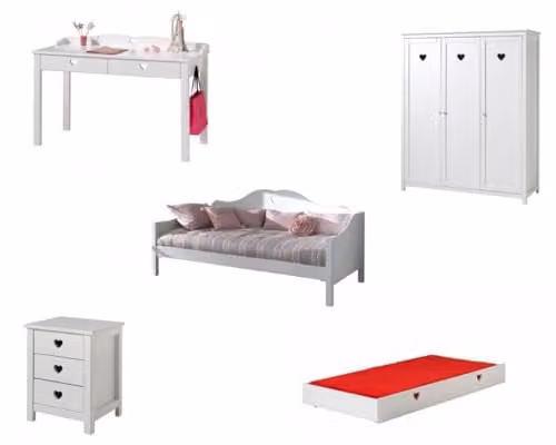 Vipack AMCO42 AMORI 5-delige slaapkamer set met hemelbed, onderbed, nachtkastje, 3-laden kast en bureau, MDF en massief grenen, B/D/H: 211,2 x 96 x 190 cm