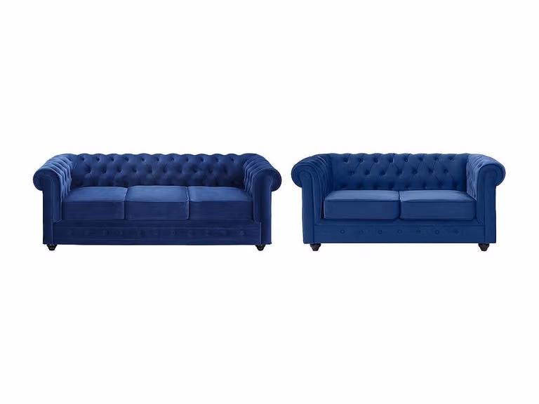 Vente-unique Chesterfield zitbank in blauw velours