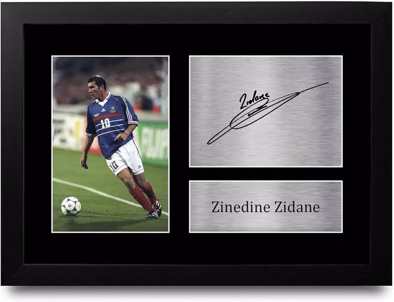 Ingelijste A4 Foto met Gedrukte Handtekening van Zinedine Zidane in Acryl voor Frankrijk Supporters
