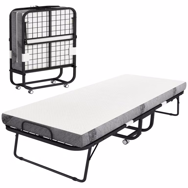 HOMCOM Logeerbed met wielen en matras, inklapbaar reisbed van staal, Wit+Zwart