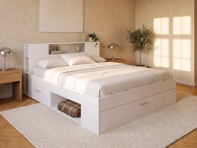Vente-unique Bedframe met lades en opbergruimte, wit of zwart, 140 x 190 cm
