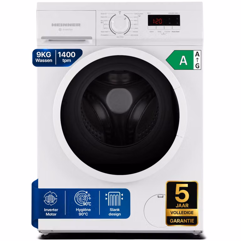 Heinner HWM-M9014SMA Slanke Voorlader Wasmachine, 9 kg, 1400 tpm, Digitaal Display, Wit