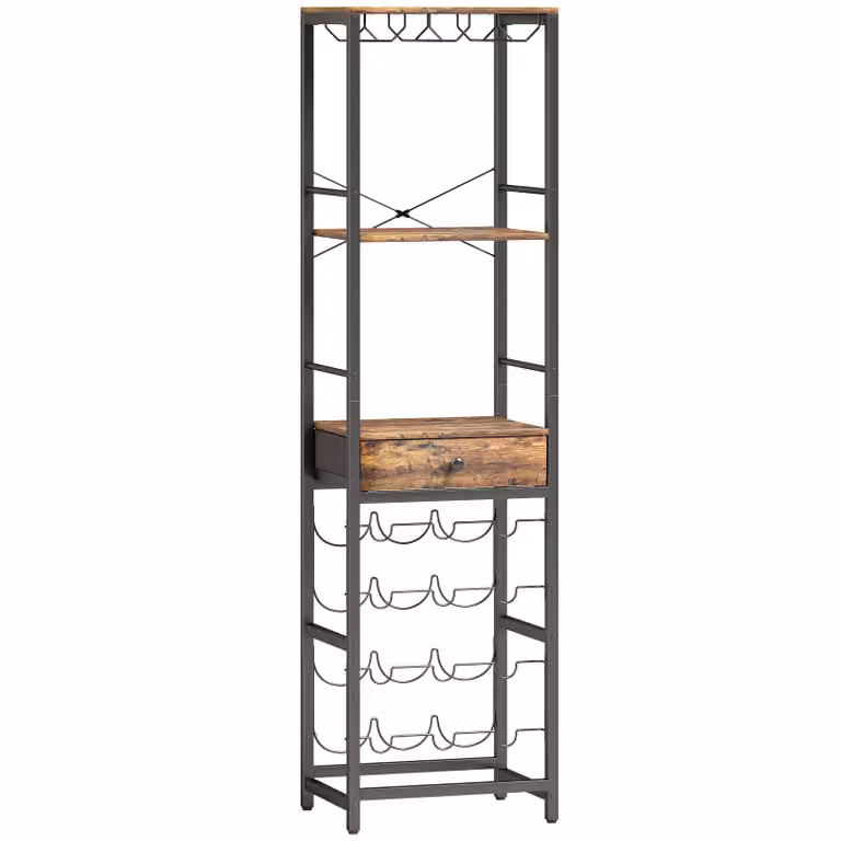 HOMCOM Wijnbar-kast met lade en wijnrek voor 12 flessen, industrieel design, rustiek bruin