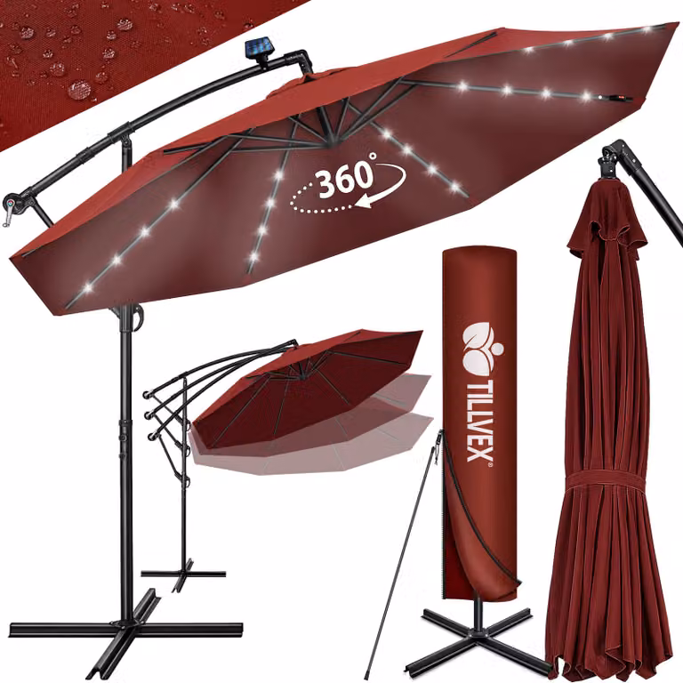Tillvex Zweefparasol Aluminium met LED Solar Ø 350 cm inclusief Zwengel, Hoes en Windbescherming