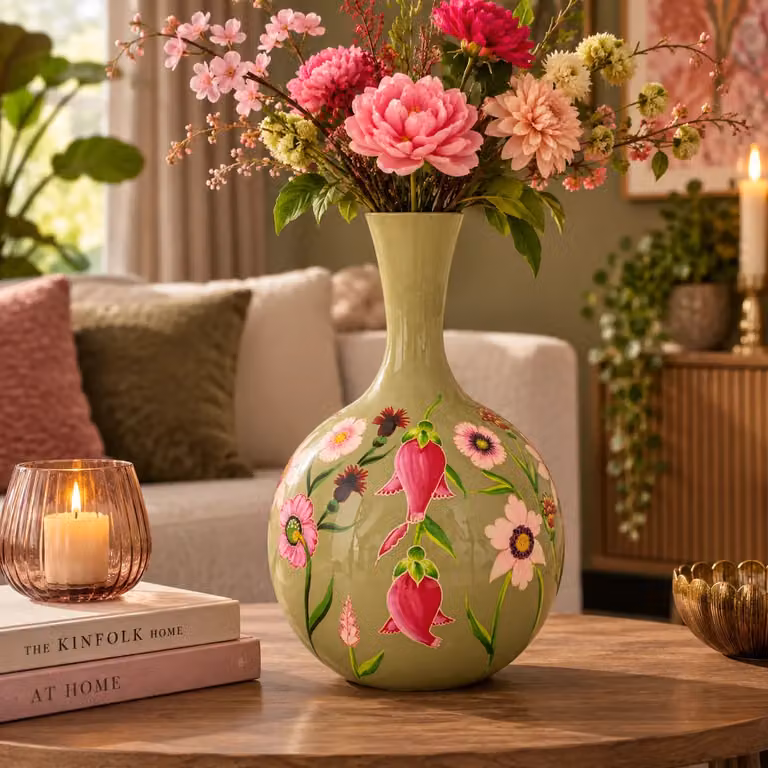 Countryfield Vaas Camina langnek groen en roze met bloemenmotief