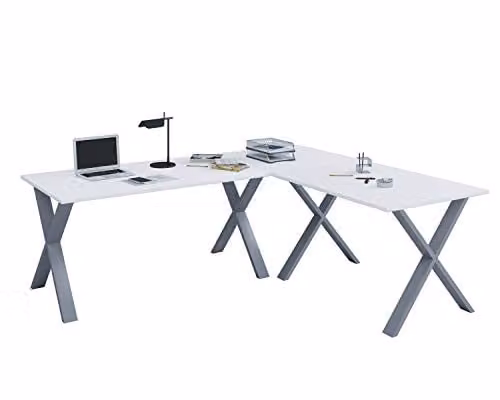VCM Lona X Hoekbureau in hout en metaal, Zilver/Wit, B/D/H: 160 x 130 x 50 cm