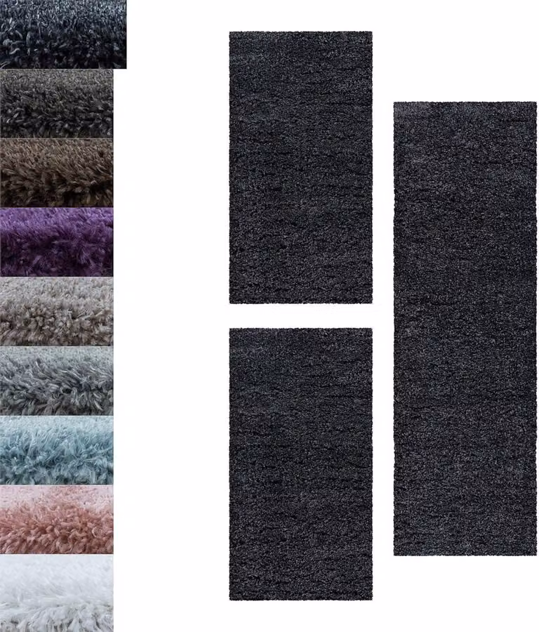 Shaggy Tapijt Set Antraciet - Hoogpolige Lopers voor de Slaapkamer - Set van 3 - Breedte: 60 cm, Lengte: 110 cm (2x) en Breedte: 80 cm, Lengte: 150 cm (1x)