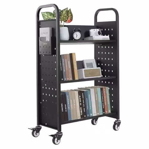 VEVOR Boekenwagen zwart, metalen bibliotheekwagen met 3 planken, B/D/H: 77 x 38 x 122 cm