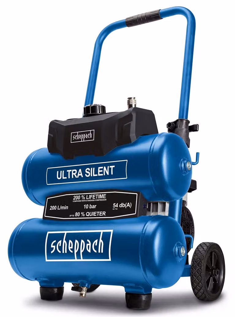 Scheppach HC20Si-Twin ultrasilencieuse compressor, olievrije drukpersluchtcompressor met dubbele tank, 20 liter, 750W, 10 bar, 200 liter/minuut, 54 dB