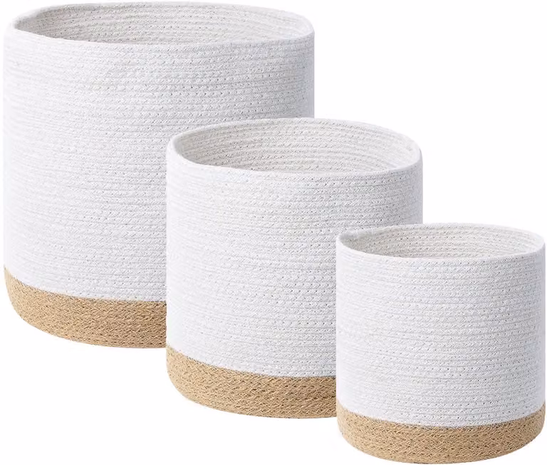 Beliani Set van 3 geweven katoenen jute opbergmanden Wit en beige