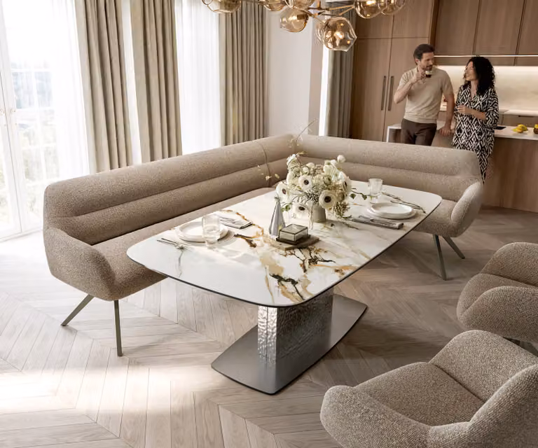 DELIFE Taya-Flex Eetkamerbank met Bouclé Stoff, Rechts, Bruin/Beige, B: 282 cm, D: 190 cm, H: 87 cm