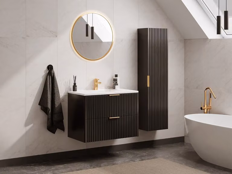 ZEVARA Geribbeld hangmeubel met inbouwwastafel en kolomkast, Zwart, Breedte: 80 cm, Hoogte: 66 cm, Diepte: 46 cm