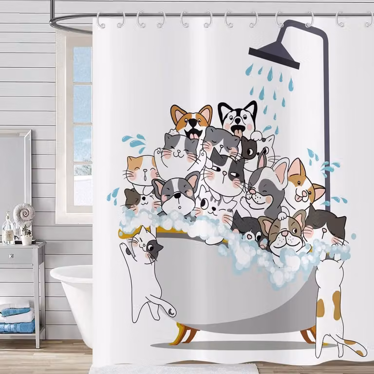 ShopVlot Waterdichte Douchegordijn met Cartoon Dierentjes Kat en Hond, Polyester, Multicolour, B: 150 cm, H: 180 cm