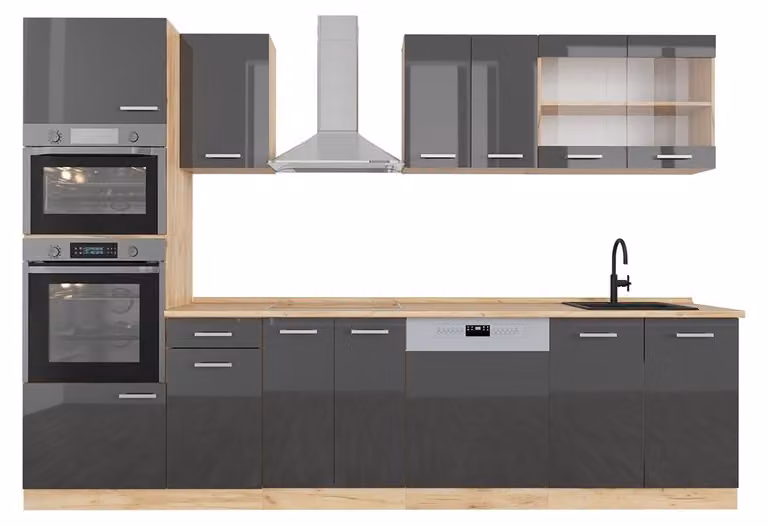 Vicco R-Line Keukeneenheid Antraciet hoogglans en goud eiken, 300 cm, inclusief hoge kast, zonder werkblad, Model 37158