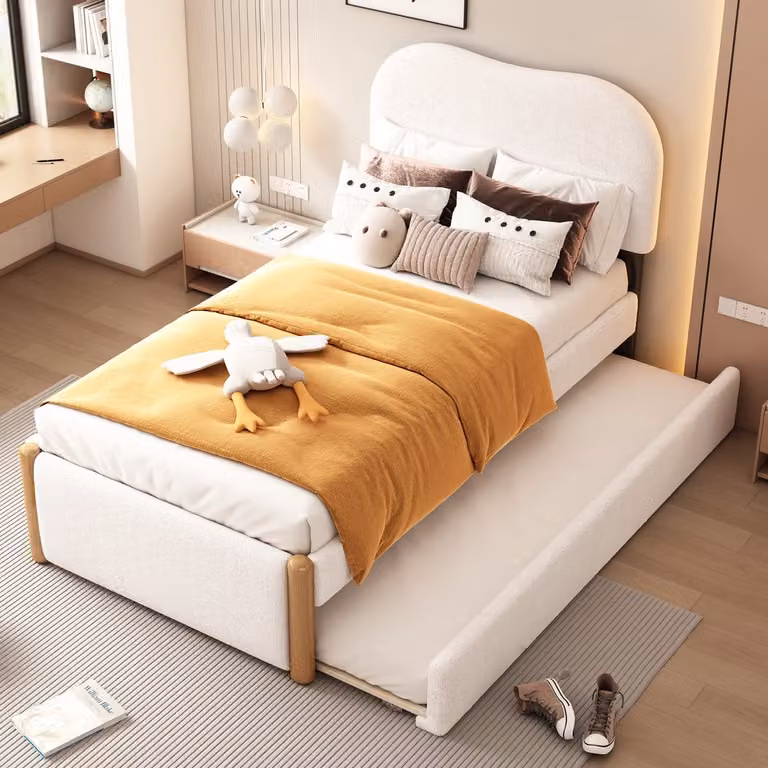 DESMIU Gestoffeerd Bed met Uittrekbaar Rolbed in Wit, Breedte: 90 cm, Lengte: 200 cm