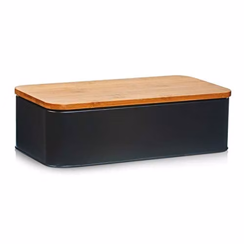 Zeller 25377 Broodtrommel met bamboe deksel en ventilatiegaten, metaal, zwart, B: 42,5 cm, D: 23 cm, H: 13 cm