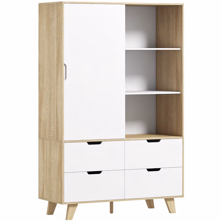 HOMCOM Moderne kledingkast met schuifdeuren, kledingroede, verstelbare planken en 4 laden, eiken/wit