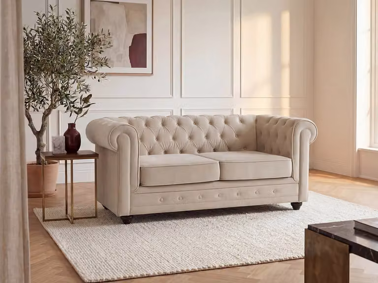 Vente-unique Chesterfield tweezitsbank in beige velours met afneembare hoezen