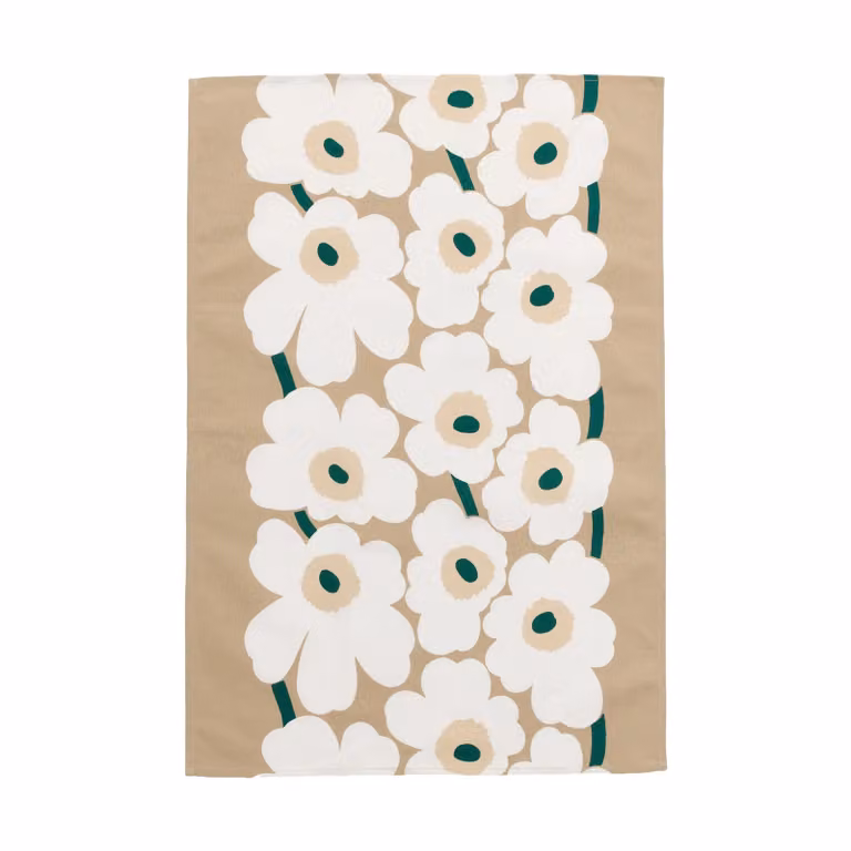 Marimekko Unikko keukendoek Sand-white-hay-emerald 47 x 70 cm