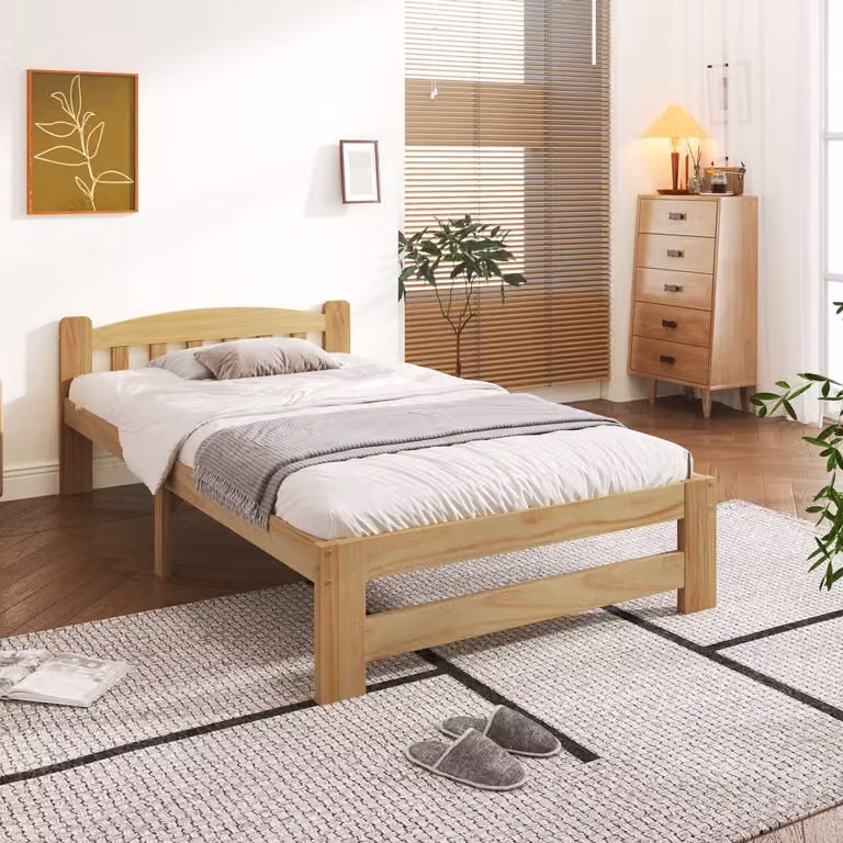 Sweiko Massief Houten Futonbed met Hoofdeinde en Platte Lattenbodem, Eenpersoonsbed, Natuurlijk, B/D/H: 90 x 200 cm