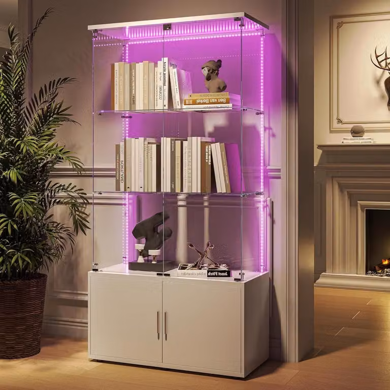 Glazen Vitrinekast met Led-verlichting en Glazen Deuren - Wit - B/D/H: 78.5 x 35 x 164 cm