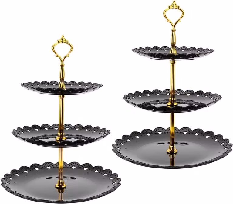 Zwarte 3-laags cupcake-standaard, ronde serveerschaal voor taarten, desserts en fruit