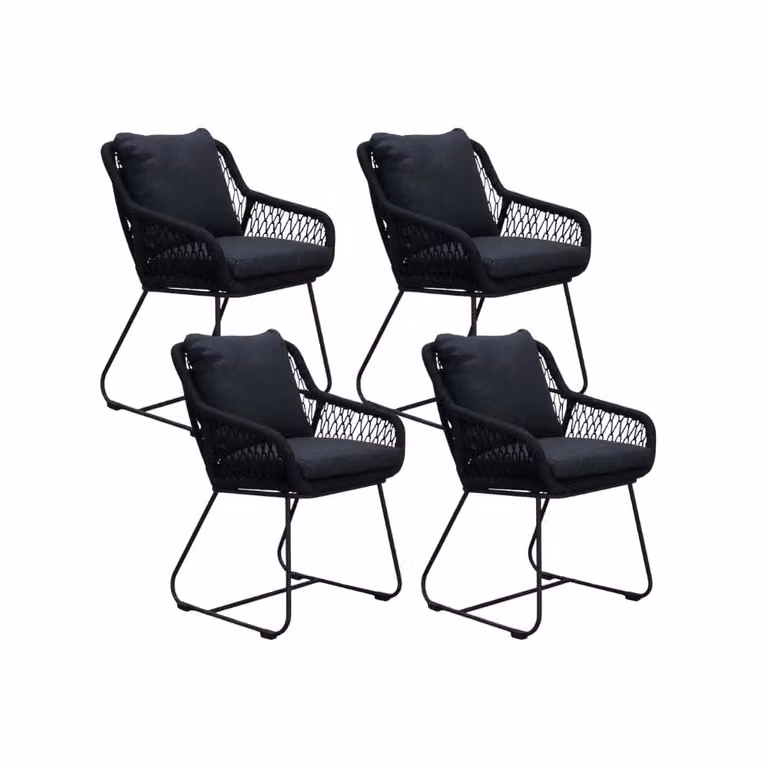 Portofino dining tuinstoel set van 4 met touw en RVS in zwart